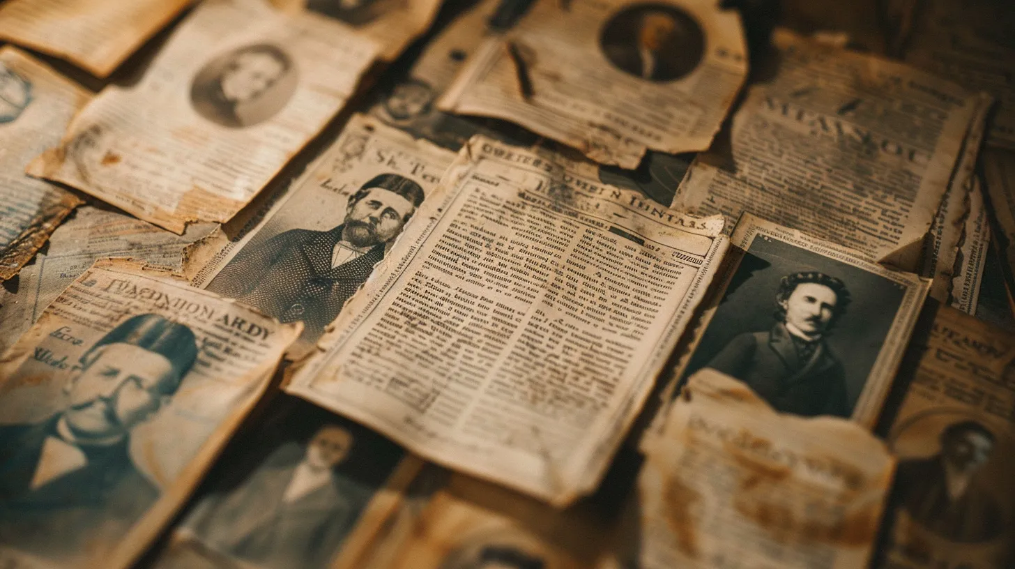 Weathered 1860s newspaper clippings with engraved portraits arranged like a social media feed
