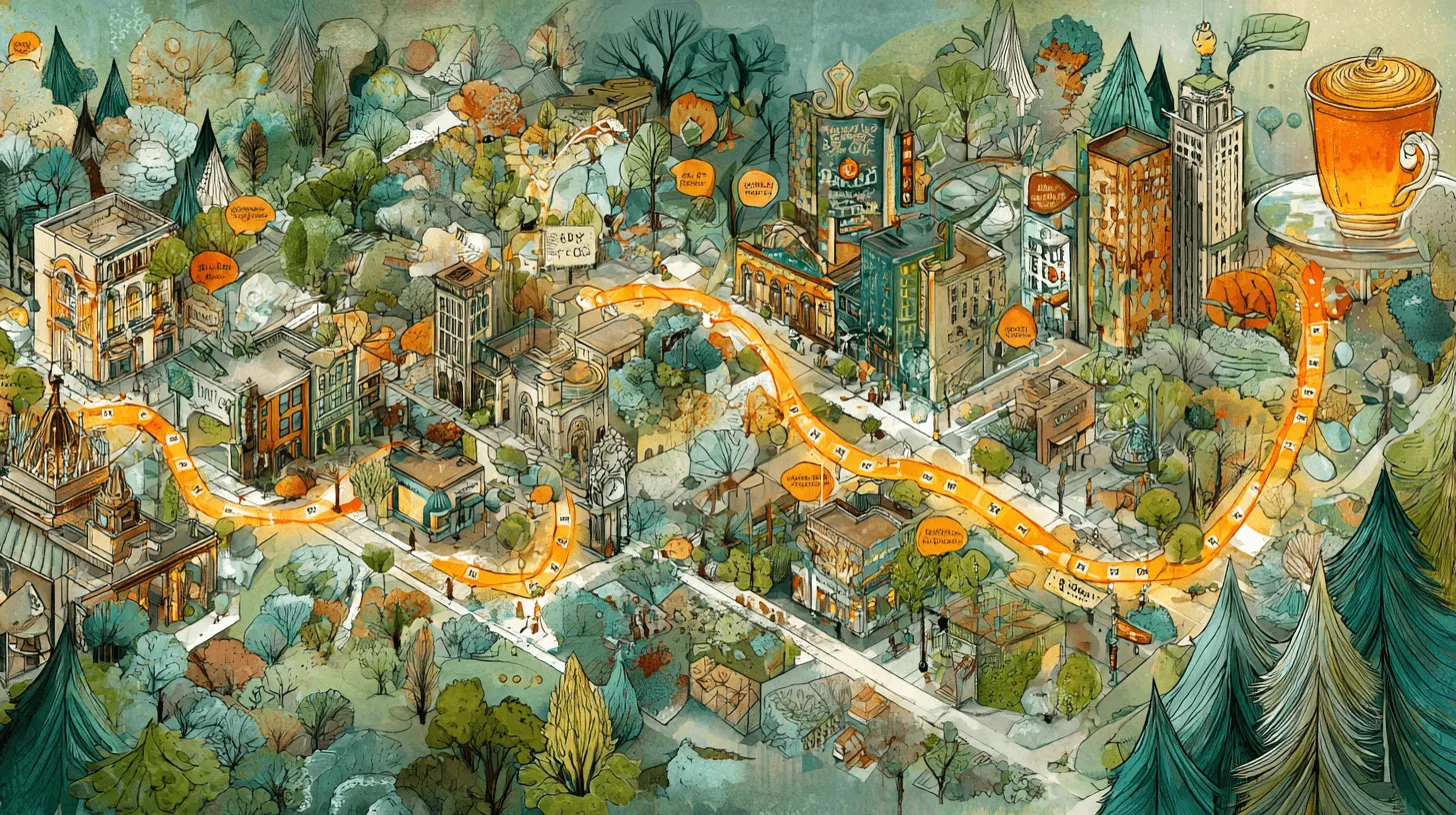 Urban Journeys map view showing a themed walking route with curated stop markers